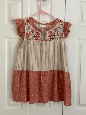 ODDY Rust and Cream Floral-Embroidered Ruffle Sleeve Dress